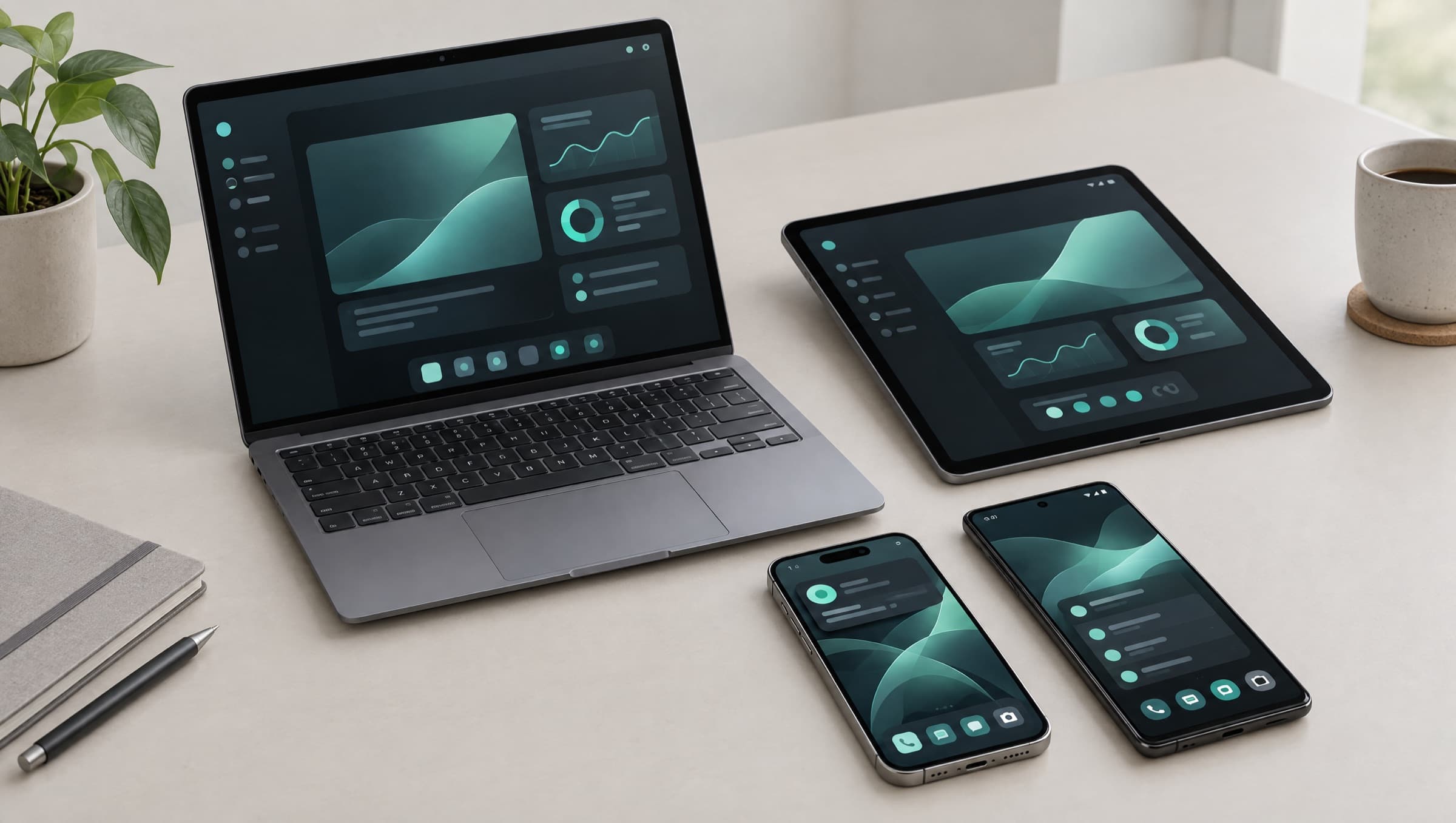 Stage apps running on a laptop, a tablet and two phones on a desk