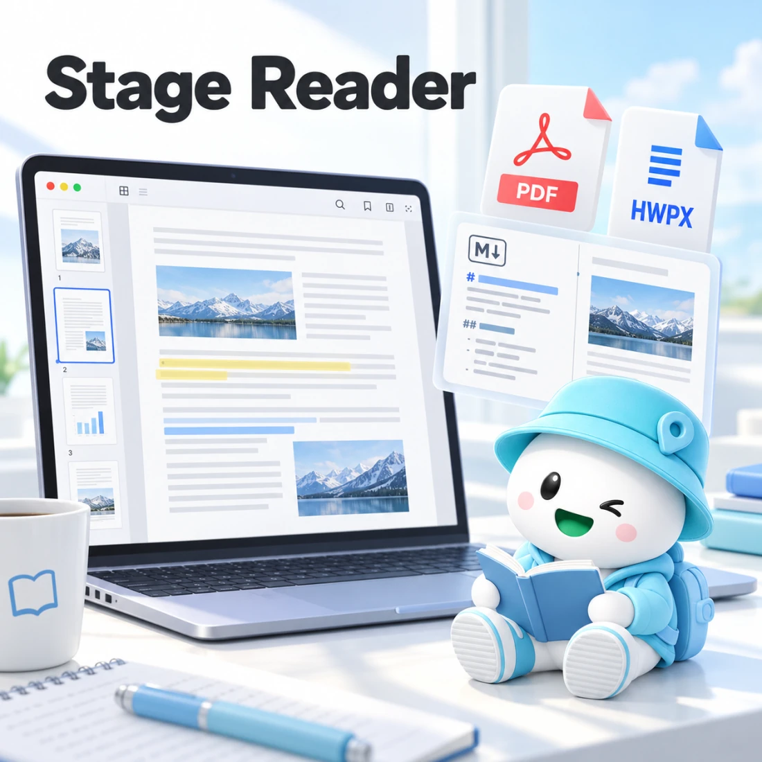 문서가 열린 노트북 옆에서 책을 읽는 StageReader 캐릭터