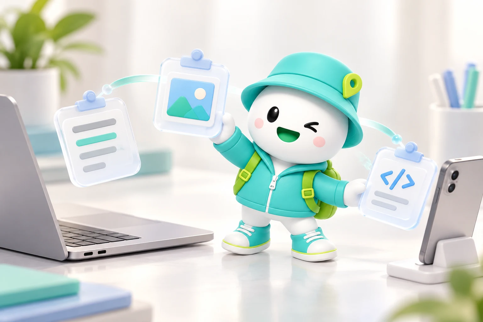 StageClipboard mascot organising clipboard cards between a laptop and phone